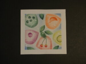 「ゼリーの中の果実」の尊い命のパステル画の写真です。