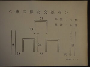 足利市駅北交差点前にある車止めの簡単な図面の写真です。