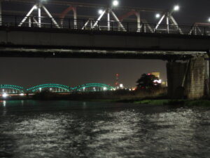川面にライトの光が映る渡良瀬橋の夜景の写真です。