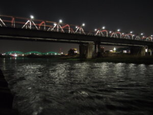 中橋のライトと一緒に映る渡良瀬橋の夜景の写真です。