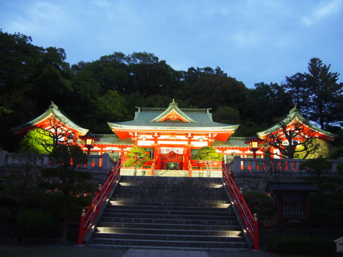 思わず息をのむ「織姫神社」社殿のライトアップ写真です。