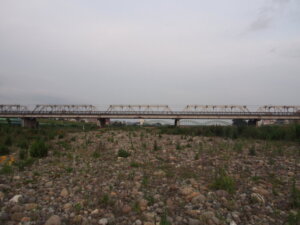 渡良瀬川の中州（上流）から見た渡良瀬橋の写真です。