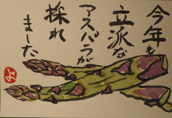 絵手紙:アスパラガスの写真です。