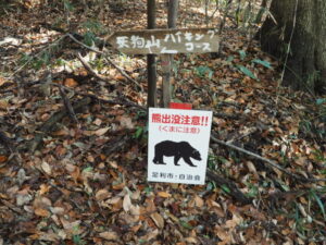 天狗山ハイキングコースにある熊出没注意の看板の写真です。