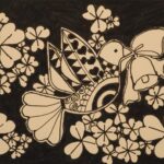 モノクロアート：鳥と花の写真です。