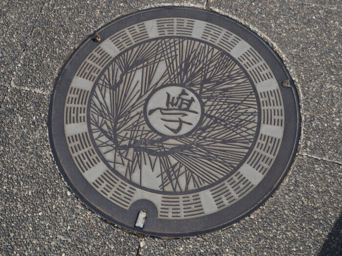 足利学校：字降松がデザインされたマンホールの写真です。