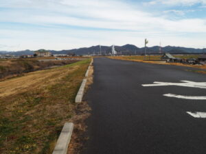 渡良瀬健幸緑地：堤防上道路の写真です。