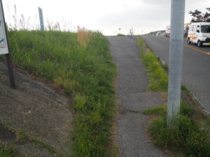 渡良瀬川右岸堤防に向かう歩道の写真です。