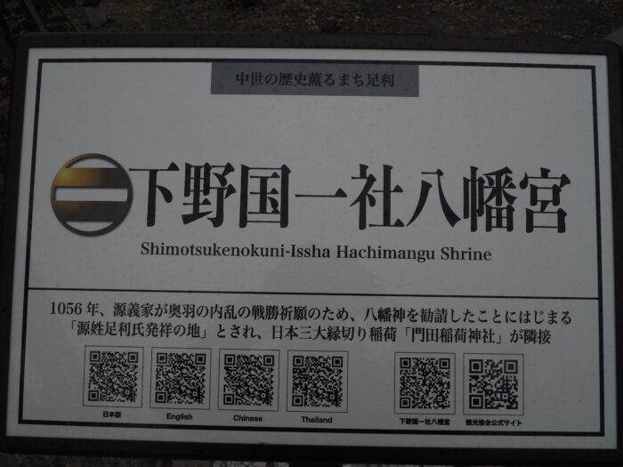 下野一社八幡宮:手水舎の手前にあるQRコード案内板の写真です。