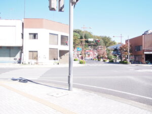 横断歩道を西に渡った風景写真です。