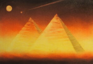 月と星とピラミッドのパステル画の写真です。