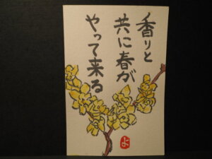 絵手紙：ロウバイの花の写真です。