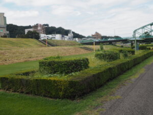 橋の手前にある植え込みの写真です。