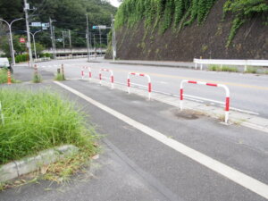 堤防に上がり、渡良瀬橋南交差点に向かう歩道の写真です。