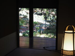 物外軒：茶室から見た秋の庭園の写真です。