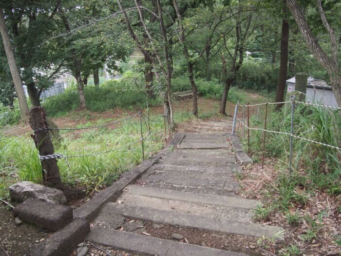 社殿の裏に通じる階段の写真です。