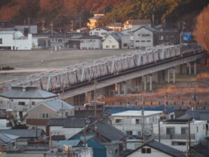 織姫神社から望む初日の出をあびる渡良瀬橋の写真です。