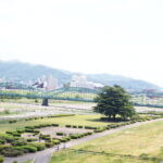 渡良瀬橋たもとの女浅間山から見た「中橋」の写真です。渡良瀬緑地の木が印象的です。